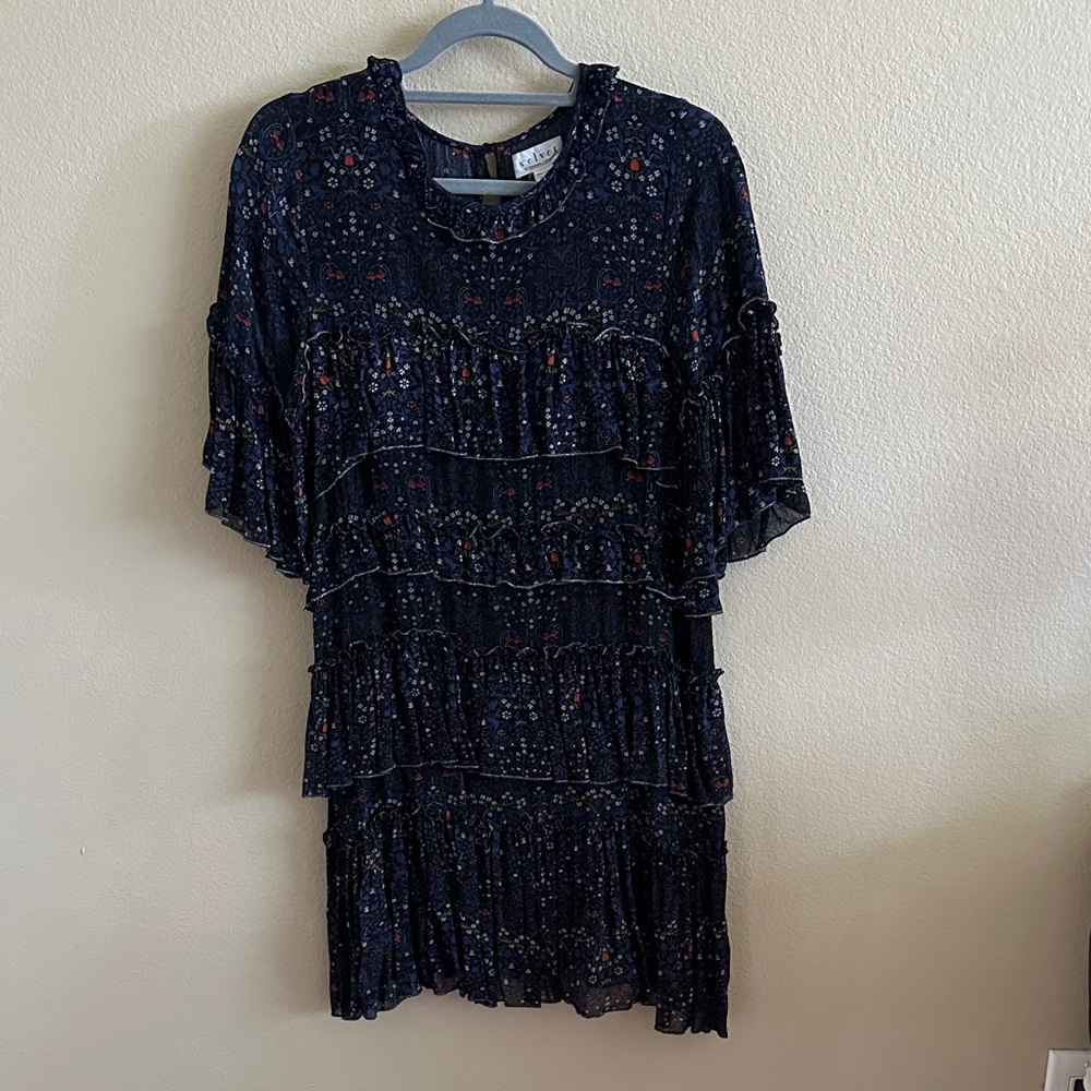 Velvet by Graham & Spencer Navy Floral Mini Dress with silver trim